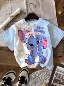 4 件可爱卡通蓝色兔子露露，针迹图案，扎染天蓝色，年轻女孩休闲简约圆领短袖基本款 T 恤，适合春夏季，度假氛围，阳光之旅，休闲春季，夏季度假，可爱的 Y2K 椰子女孩波西米亚假期春假早午餐准备淡蓝色女孩之旅，霓虹海滩氛围，波西米亚嬉皮音乐节，回到学校，2000 年代风格 - 彩色 - 查看 5