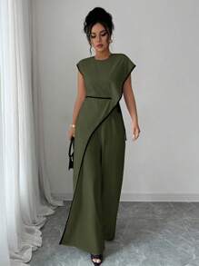 Elenzga 女式圆领喇叭袖连体裤 - 軍綠色 - 查看 4