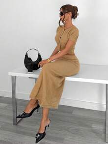 Siren Gaze 秋季女装商务休闲女士办公室服装 2025 新款棕色毛绒针织两件套，女士短袖纽扣上衣和长款针织裙套装，适合工作/办公室日常通勤，秋季服装女士优雅复古风格毛衣套装 - 棕色 - 查看 2