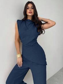 Firerie 卡其色简约优雅休闲通勤办公室服装：无袖不对称褶皱腰女式衬衫 + 常规褶皱阔腿女式裤子、亚麻通勤套装、女士沙滩装、机场装、度假装、教师装 - 藏蓝色 - 查看 7