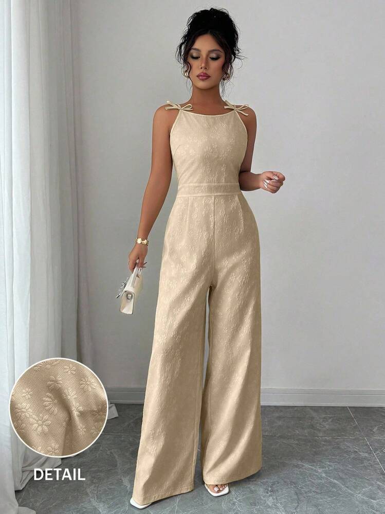 Elenzga Women's Elegant Jumpsuit With Shoulder Bow Decor, Jacquard Fabric, Cinched Waist, Wide Leg, Suitable For Daily Commute - Khaki - View 3