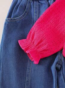 SHEIN Playful Pals Bộ quần denim dài tay in hình bướm màu đỏ mận giản dị cho bé gái mùa thu/đông - Màu Hồng Tươi - Xem 4