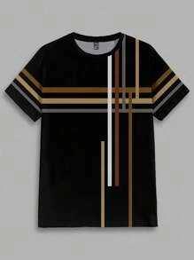 Manfinity Homme 简约多色块拼接撞色时尚休闲全身印花男式标准版型短袖T恤 - 黑色 - 查看 2