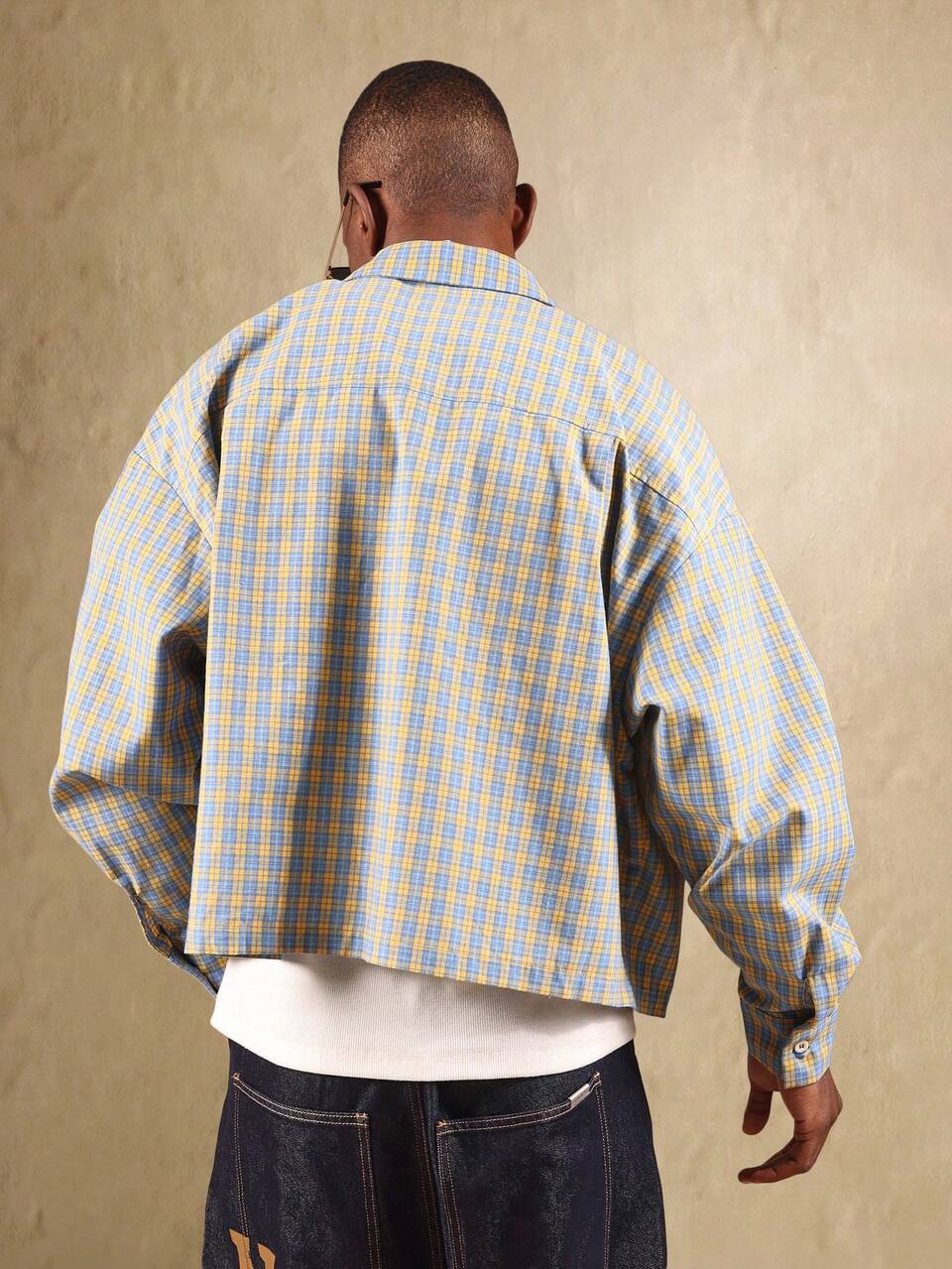 SUMWON Cropped Button Down Long Sleeve Plaid Shirt Relaxed Fit Drop Shoulder Casual Spring Cotton Top Street Style Fashion Flannel Shirt Modern Basics