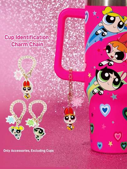 THE POWERPUFF GIRLS X SHEIN 3pcs Acrylic Cup Accessories ID Tag, Cup Handle Personalized Charms, Fit Mugs With Handle, Blossom & Bubbles & Buttercup Keychains, Suitable For Office, Home, Birthday Party,Y2K