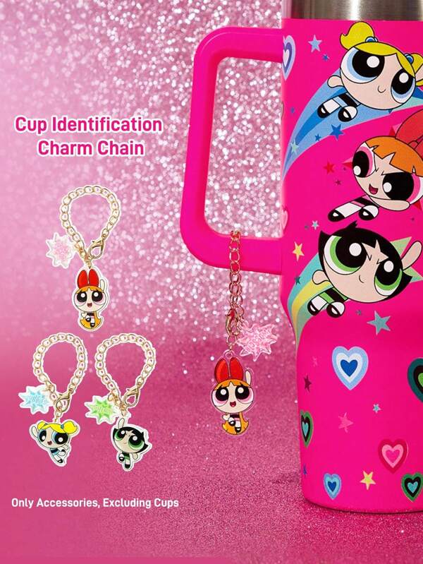 THE POWERPUFF GIRLS X SHEIN 3pcs Acrylic Cup Accessories ID Tag, Cup Handle Personalized Charms, Fit Mugs With Handle, Blossom & Bubbles & Buttercup Keychains, Suitable For Office, Home, Birthday Party,Y2K
