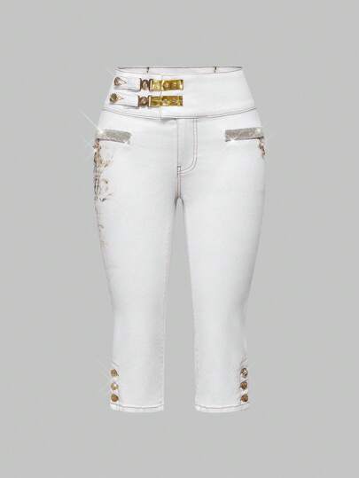 J-Fashion Women's Buckle Design Fashion Skinny Casual 7/8 Length Jeans