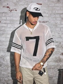 AXEPEAK 男士数字条纹镂空V领短袖针织上衣 - 白色 - 查看 2