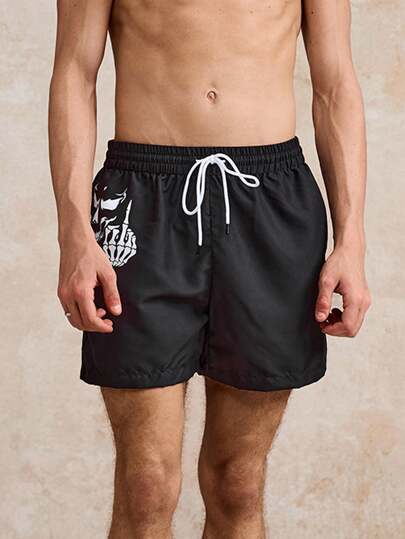 Surfspeed Men's Skull Print Quick Dry Loose Drawstring Casual Beach Shorts, Fashionable Vacation Style, Versatile 5-Inch Shorts