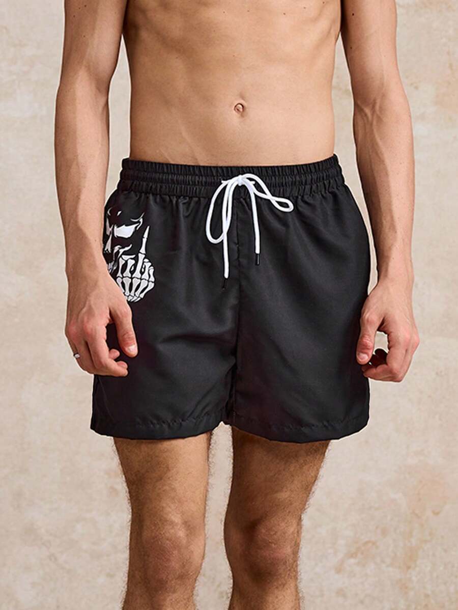 Surfspeed 男士骷髅印花速干宽松抽绳休闲沙滩短裤，时尚度假风，百搭及膝短裤 - 黑色 - 查看 1