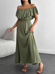 EURMUSE Petite Petite Size Holiday Ruffle Off Shoulder Dress - Army Green - View 3