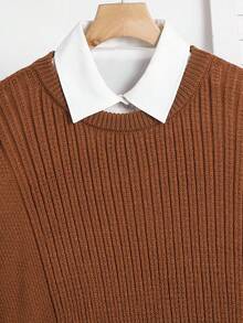 SHEIN 青少年男童休闲纯色圆领纹理针织毛衣上衣，简约百搭，适合通勤、上学、日常休闲、度假、户外、大学派对、秋冬 - 棕色 - 查看 4
