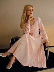 MOTF PREMIUM BEADED FAUX PEARL TRIM RHINESTONE DETAIL PLEATED HEM DRESS - Pink - View 1