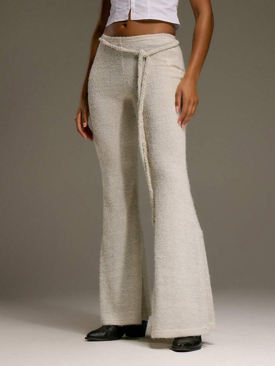 Low Rise Knit Belted Flared Trousers Western Country Streetwear Festival Elegant Y2k Sexy Cute 90's Boho Midwest Party Summer Casual
