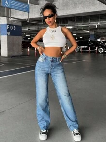 SHEIN Cottnline High Waist Solid Color Fashionable Pocket Casual Wide Leg Jeans City Break Light Blue Summer Going Out Date - Medium Wash - View 6