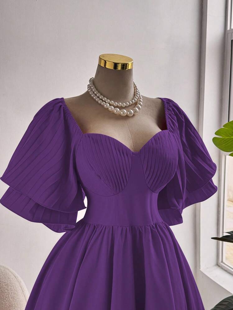 Sunnyshic Plus Size Elegant Solid Color Waist Cinched Dress, Summer - Purple - View 5