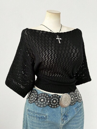 Sunspun Plus Size Women Summer Black Grunge Y2K Knit Top,Elegant Vintage Gothic Hollow Out Eyelet See Through Mesh Short Sleeve Top, Autumn Commuting Wear