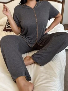 SHEIN 深灰色加大码女式睡裤套装，有领，宽松舒适，灰色睡衣套装，休闲服套装，两件套睡衣套装，配套睡衣套装，服装 - 深灰色 - 查看 5