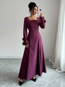 Elenzga Women's Dark Purple Elegant Long Sleeve Maxi Dress,Autumn Vintage Square Neck A-Line Formal Gown With Floral Decor For Wedding,Dining&New Year Party - Red Violet - View 4