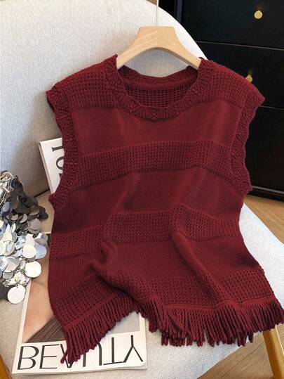 Franclia 休闲纹理拼接贝壳边饰流苏下摆针织无袖上衣，天蓝色，女款，春夏大学风针织衫