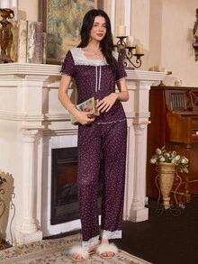 Côtesoire Casual Purple Long Pant Pajama Set With Square Neck And Short Sleeves Women Polka Dot Pajama Set Purple Pajama Set - Purple - View 3