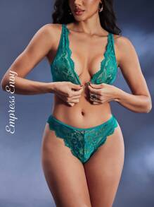 EmpressEnvy 女士蕾丝前扣性感内衣套装 - 綠色 - 查看 2