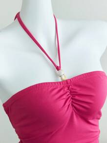 Elamini Women's Casual Vacation Beaded Halter Neck Tie Back Tank Top. Y2K Style. Beaded Style. - Hot Pink - View 5