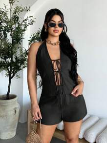 SHEIN SXY 女式性感系带露背吊带上衣和短裤两件套，夏季 - 黑色 - 查看 6