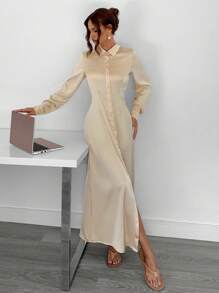 Siren Gaze 优雅通勤纯色前扣长裙 - 黃色 - 查看 1