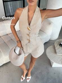 Lavishia Bộ 2 áo crop top hở vai và quần short họa tiết sọc kim loại thường ngày cho nữ - Nhiều màu - Xem 5