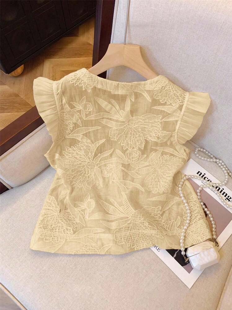 Serisse Women's Floral Jacquard Round Neck Cap Sleeve Single Breasted Fashion Blouse Brown Summer - Khaki - View 4