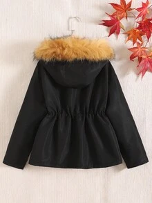 SHEIN 青少年女孩人造毛领蓬松风衣夹克，休闲百搭时尚外套 - 黑色 - 查看 2