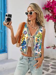 Vivid Eden Women's Casual Boho Colorful Print Twist V-Neck Casual Vacation Lightweight Jacket,Rave,Brunch For Women,Airport Women,Fall