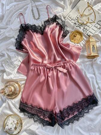 SilkySpell Plus Size Faux Silk Lace Trim Cami Top And Shorts Pajama Set Satin Pajama Set Lace Trim Pajama Set Satin Sleepwear Set Lingerie Pajama Set Lace Pajama Set Lace Pj Set Lingerie Sleep Set Babydoll Pajama Set