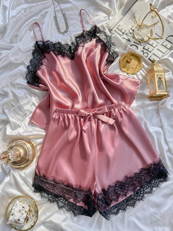 SilkySpell Plus Size Faux Silk Lace Trim Cami Top i szorty Piżama Set