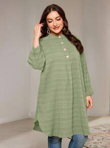 Veilorie Áo sơ mi vải họa tiết cổ tròn dài tay thường ngày cỡ lớn cho nữ, mùa hè - màu xanh lá - Xem 1