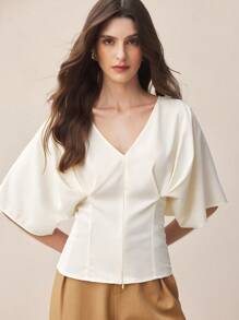 BizChic 2025 年夏季新品女士休闲商务优雅连衣裙，适合海滩度假、婚礼宾客、乡村音乐节、早午餐、机场，90 年代复古斯德哥尔摩风格，极简主义美国独立精神，修腰白色衬衫 - 米色 - 查看 5