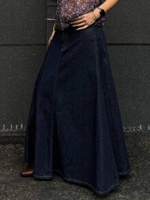 Livesso 女士纯色简约休闲牛仔半身裙 - 藍色 - 查看 4