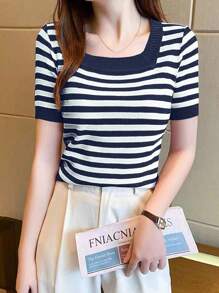 Chiquease 女士方领短袖休闲条纹针织上衣，秋冬 - 藏蓝色 - 查看 3