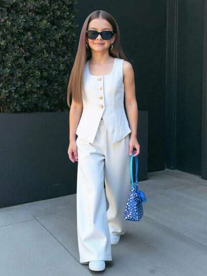 SHEIN Tween Girl Spring Summer Casual Street Fashion Plain V-Neck Sleeveless Vest Top And Baggy Straight-Leg Pants Denim Two Pieces Set,Summer Beach Boho Vacation Shorts, Summer Concert Festival Casual Rave Outfits, Girls Summer Brunch Graduation Outfits,Tween Girls Sleeveless Denim Camisole And Long Pants Set With Scoop Neck, Tween White Jumpsuit, Teen Pant Suit