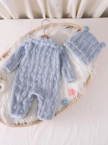 SHEIN 2pcs Newborn Apricot Plush Bubble Fleece 3D Rabbit Long Sleeve Jumpsuit With Hood, Romper Set  Baby Romper Newborn Baby Clothes Winter Baby Teddy Bear Outfit Baby Fuzzy Outfit Newborn Pajama Set Fall - Baby Blue - View 2