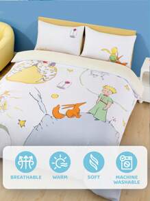 LE PETIT PRINCE X SHEIN 3 قطع طقم نوم مطبوع بالرسومات الكرتونية، قماش مخملي ناعم ودافئ، غطاء لحاف أبيض، مقاس كينج، بنمط الثعلب والورود والنجوم والقمر، متعدد المقاسات يناسب أسرّة توين/فول/كوين/كينج