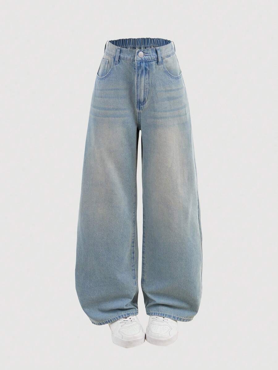 SHEIN Teen Girl's Casual Washed Loose Straight-Leg Jeans