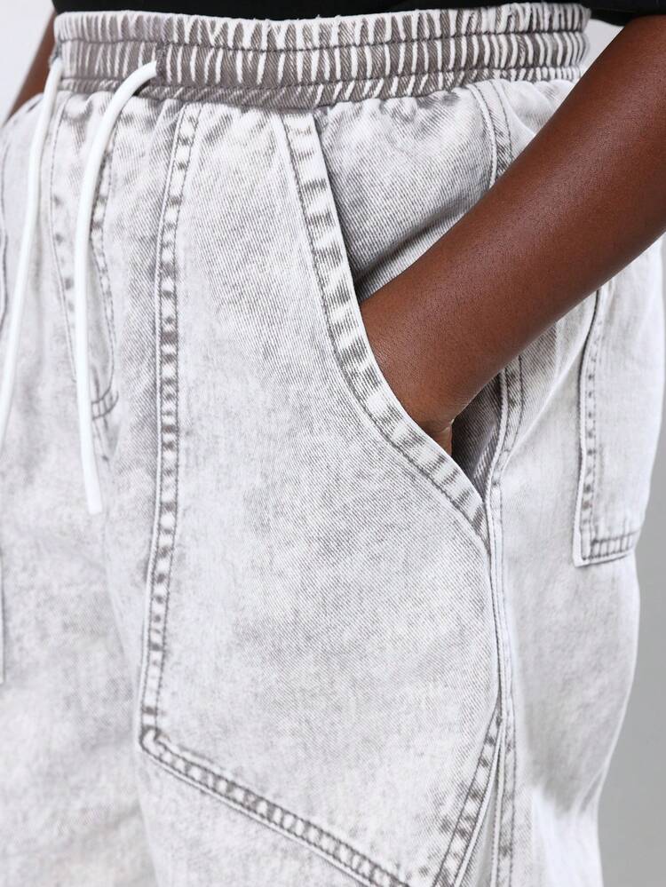 SUMWON 宽松阔腿牛仔裤复古风格溜冰裤舒适日常休闲复古水洗牛仔街头潮流青少年男孩时尚宽松周末装 - 淺灰色 - 查看 7