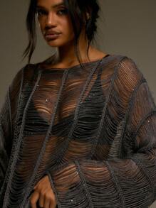 MUSERA 斜领破洞流苏串珠长袖上衣，西部乡村街头风，节日优雅Y2K性感可爱90年代波西米亚风，中西部冬季工作办公室时尚春季毛衣，夏季春季 - 灰色 - 查看 2