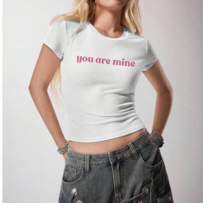 핑크 슬로건 그래픽 여성 캐주얼 라운드 넥 반팔 티셔츠 외출에 적합
