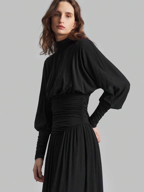 Ontre Women's Black Four-Season Dress, Stand-Up Collar, Waist Pleated Dress, Lantern Sleeve Maxi Dress, Teacher's Uniform