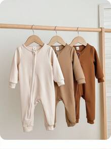 男宝宝舒适纯色圆领长袖前拉链柔软睡衣连体衣