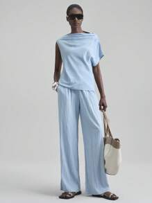 Ontre 2 件套女士不对称短袖宽松上衣和裤子套装，都市通勤，优雅舒适，简约时尚，适合城市聚会、海岛派对、度假、海岛音乐节、教师节、商务休闲 - 藍色 - 查看 1