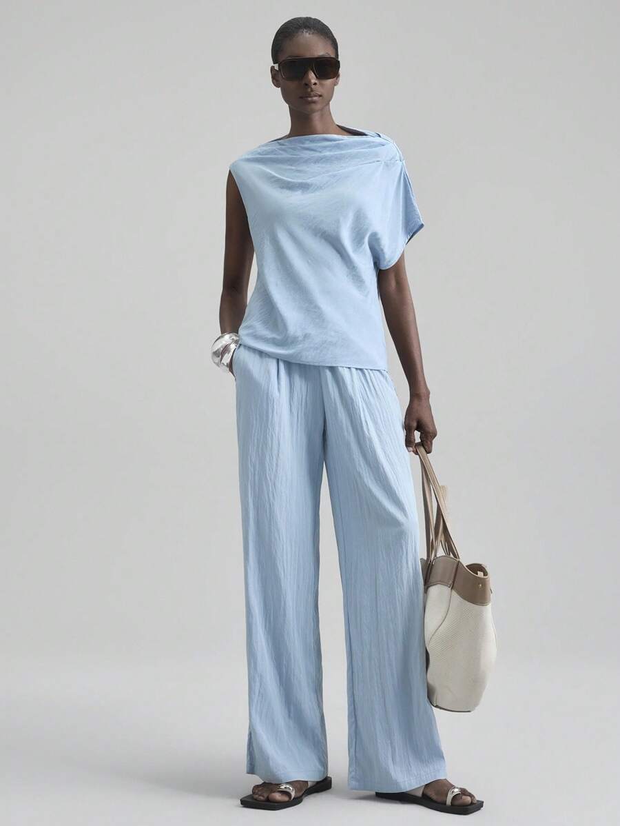 Ontre 2 件套女士不对称短袖宽松上衣和裤子套装，都市通勤，优雅舒适，简约时尚，适合城市聚会、海岛派对、度假、海岛音乐节、教师节、商务休闲 - 藍色 - 查看 1